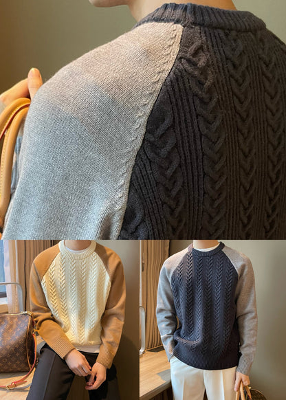 New Apricot O-Neck Thick Patchwork Cable Knit Men Sweaters Fall