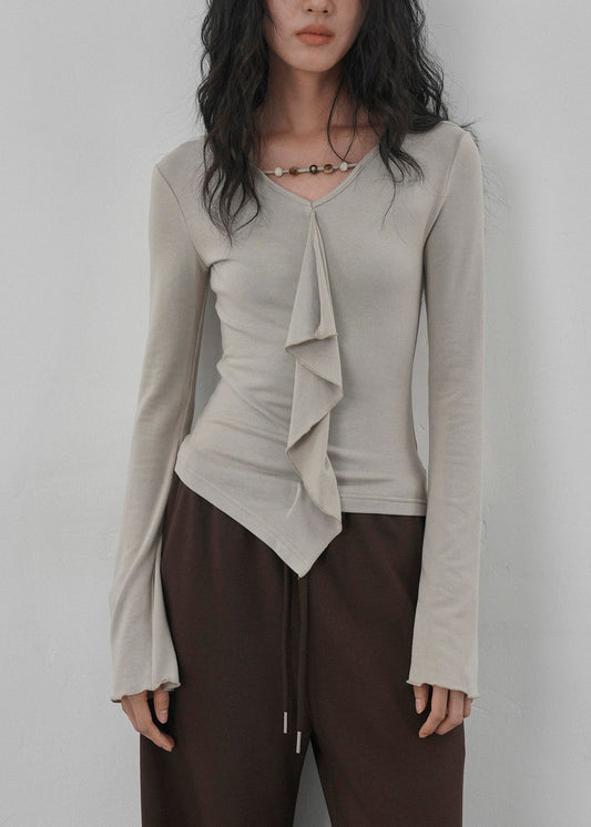 New Apricot Ruffled Asymmetrical Design Cotton T Shirts Spring