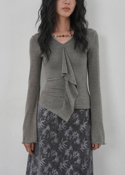 New Apricot Ruffled Asymmetrical Design Cotton T Shirts Spring