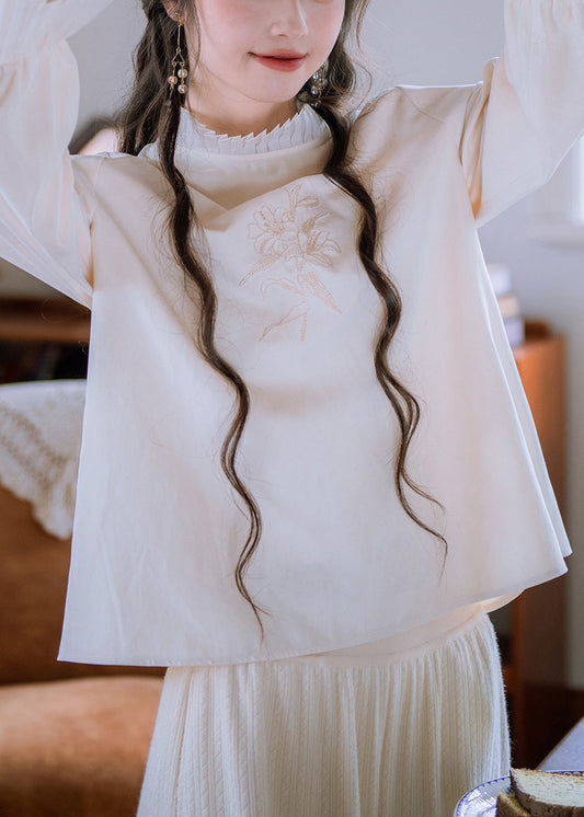 Nuevo top de algodón con patchwork bordado y volantes color albaricoque para otoño