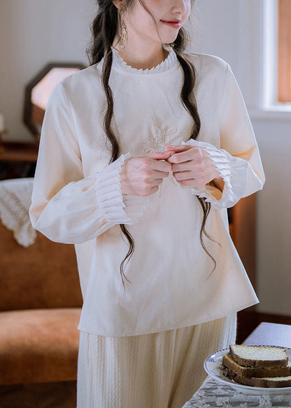 Nuevo top de algodón con patchwork bordado y volantes color albaricoque para otoño