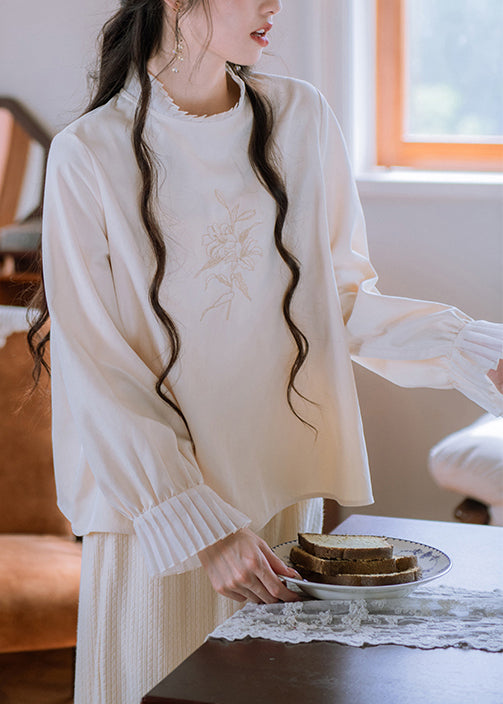 Nuevo top de algodón con patchwork bordado y volantes color albaricoque para otoño