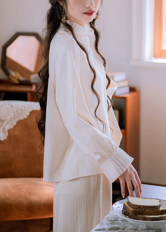 Nuevo top de algodón con patchwork bordado y volantes color albaricoque para otoño