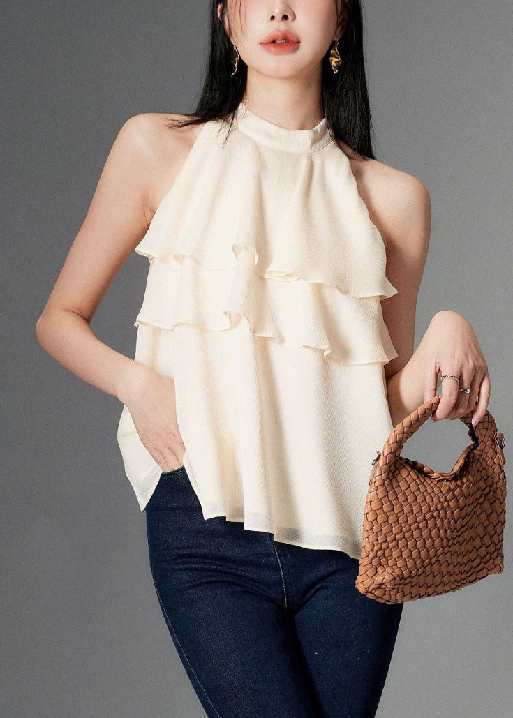 New Apricot Ruffled Solid Chiffon Top Sleeveless