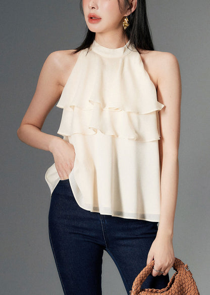 New Apricot Ruffled Solid Chiffon Top Sleeveless