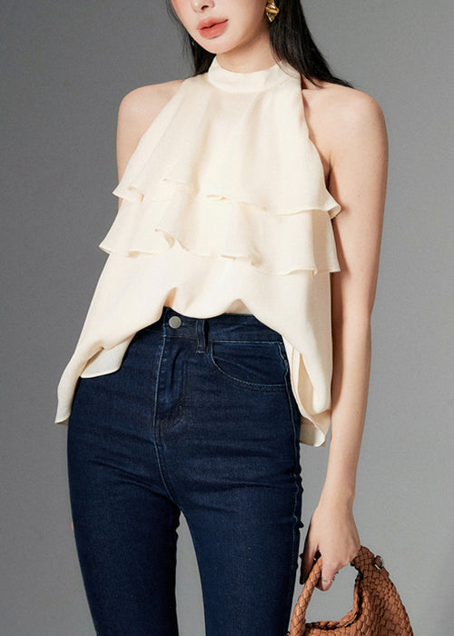 New Apricot Ruffled Solid Chiffon Top Sleeveless