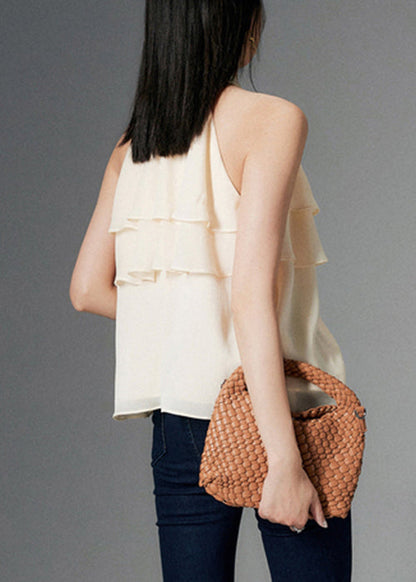 New Apricot Ruffled Solid Chiffon Top Sleeveless