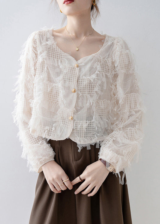 New Apricot Square Collar Tassel Patchwork Tulle Shirt Top Spring