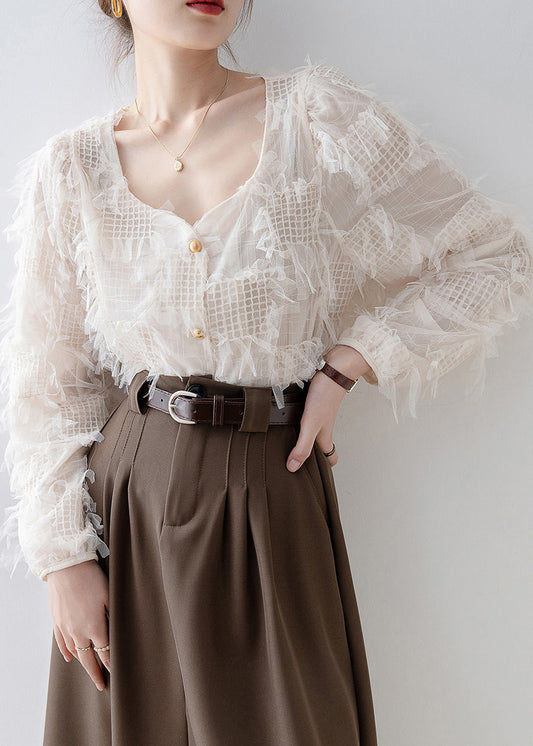 New Apricot Square Collar Tassel Patchwork Tulle Shirt Top Spring