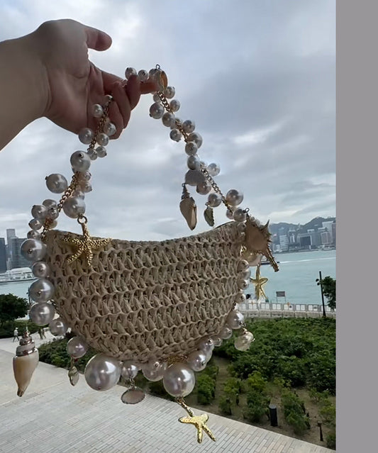 Nuevo bolso tote de paja tejida con perlas color albaricoque