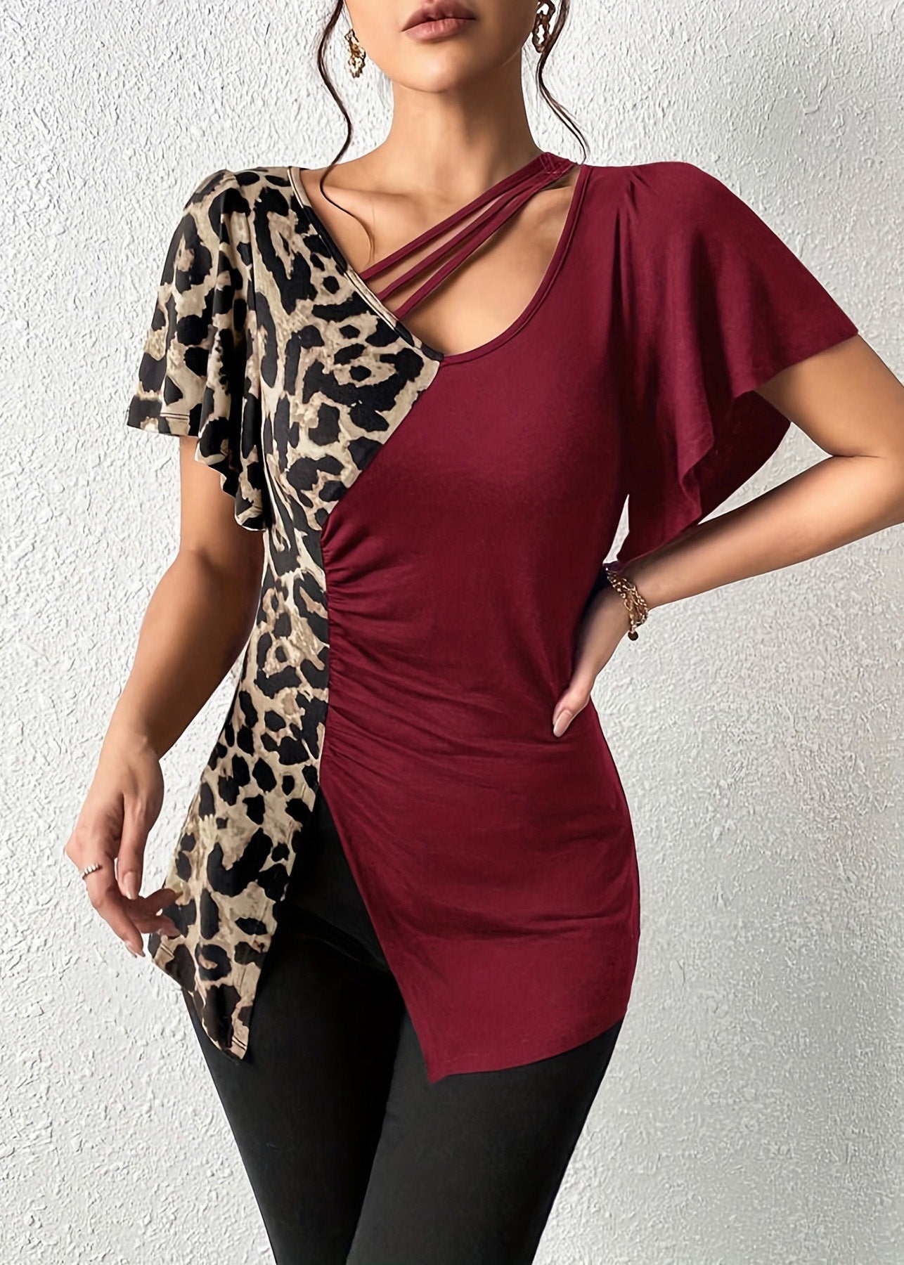 New Army Green Asymmetrical Patchwork Cotton Tops Butterfly Sleeve