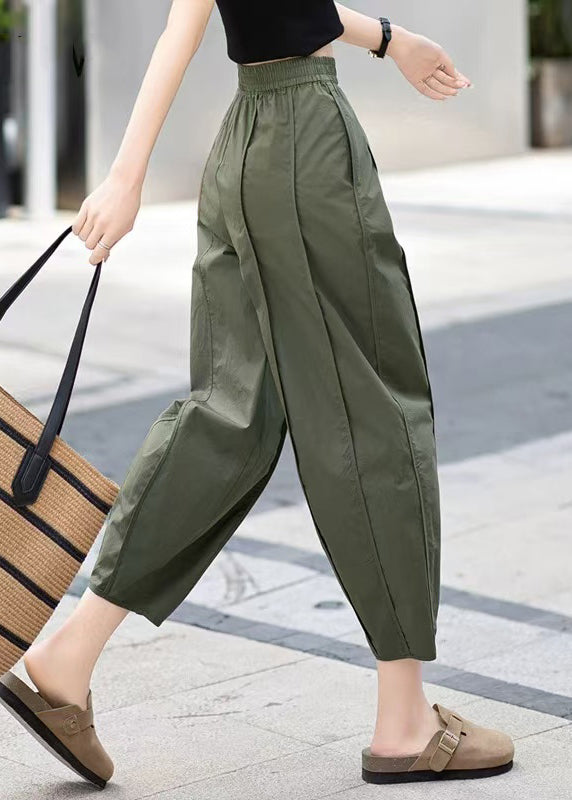 Neue olivgrüne, knöchellange Baumwollhose mit Falten in Taschen für den Sommer