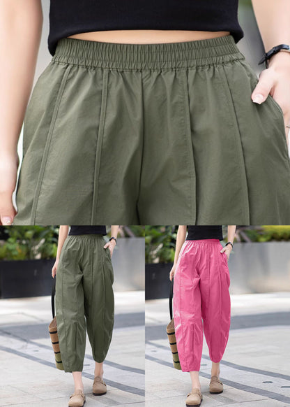 Neue olivgrüne, knöchellange Baumwollhose mit Falten in Taschen für den Sommer