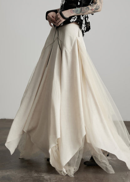 Neuer beigefarbener asymmetrischer Tüll-Patchwork-Leinen-Seidenrock für den Frühling