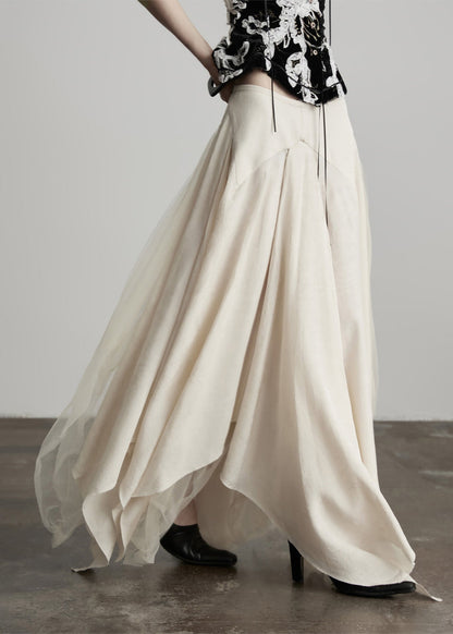 Neuer beigefarbener asymmetrischer Tüll-Patchwork-Leinen-Seidenrock für den Frühling