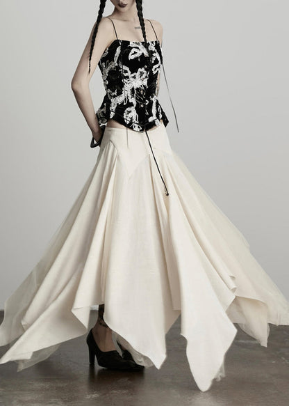 Neuer beigefarbener asymmetrischer Tüll-Patchwork-Leinen-Seidenrock für den Frühling