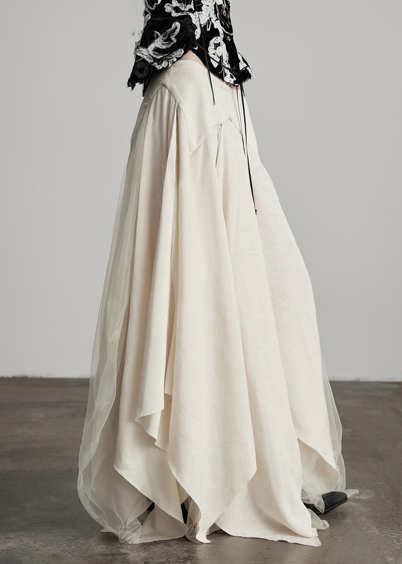 Neuer beigefarbener asymmetrischer Tüll-Patchwork-Leinen-Seidenrock für den Frühling