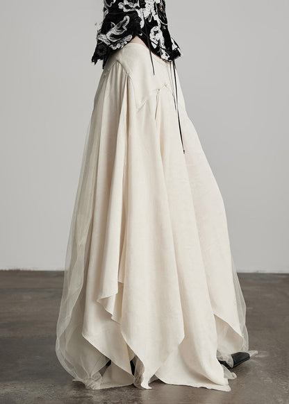 Neuer beigefarbener asymmetrischer Tüll-Patchwork-Leinen-Seidenrock für den Frühling