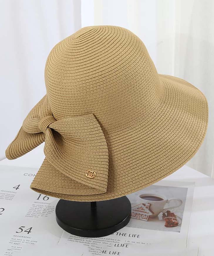 New Beige Bow Straw Woven Floppy Sun Hat