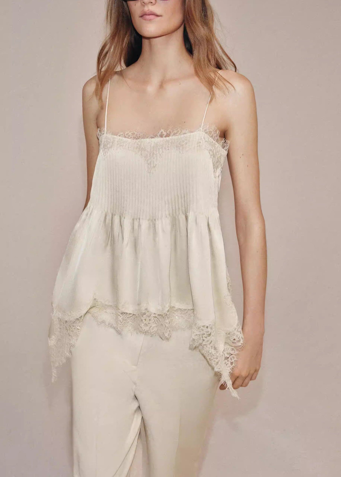 New Beige Lace Asymmetrical Patchwork Silk Tops Sleeveless