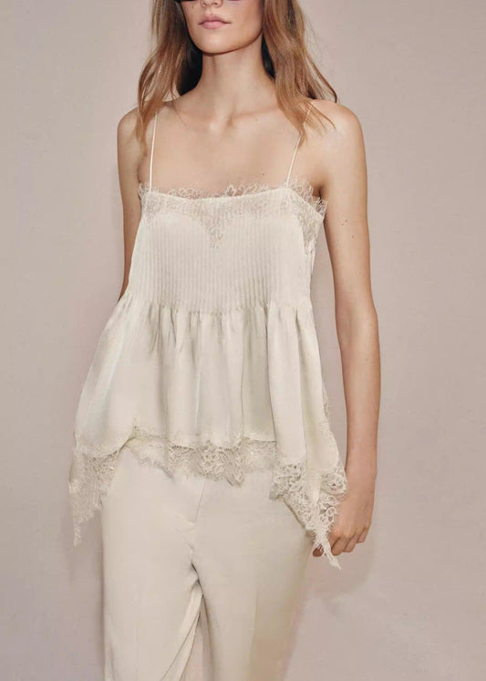New Beige Lace Asymmetrical Patchwork Silk Tops Sleeveless