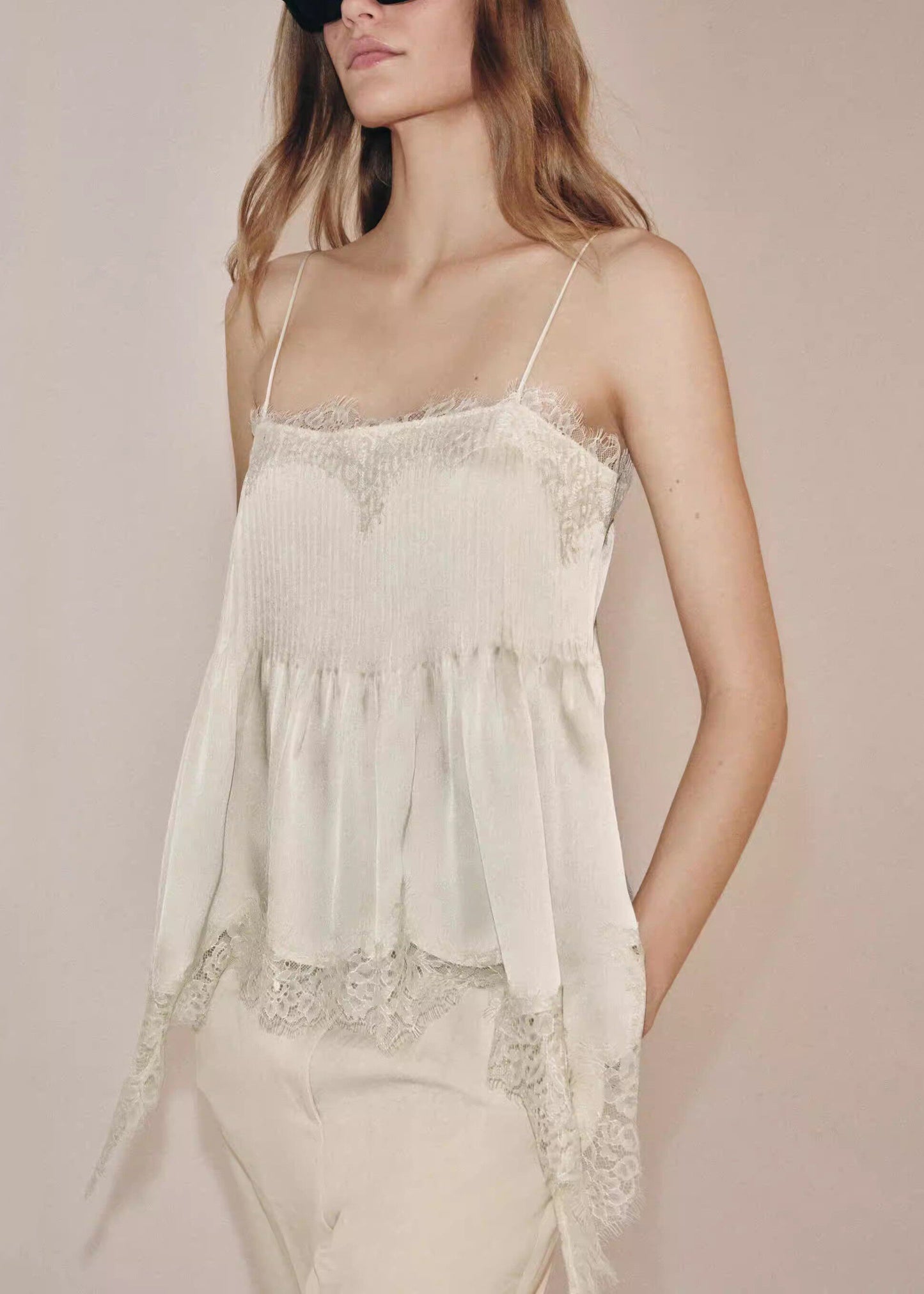 New Beige Lace Asymmetrical Patchwork Silk Tops Sleeveless