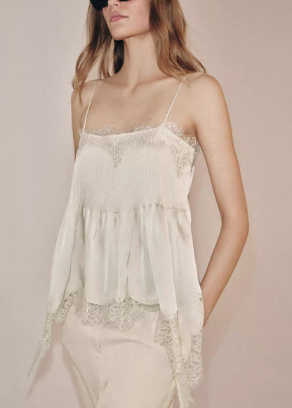 New Beige Lace Asymmetrical Patchwork Silk Tops Sleeveless