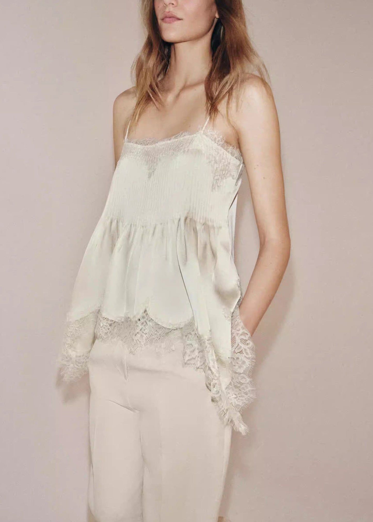 New Beige Lace Asymmetrical Patchwork Silk Tops Sleeveless