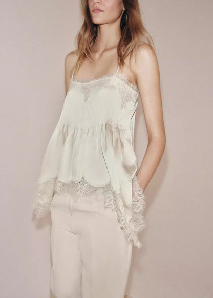 New Beige Lace Asymmetrical Patchwork Silk Tops Sleeveless