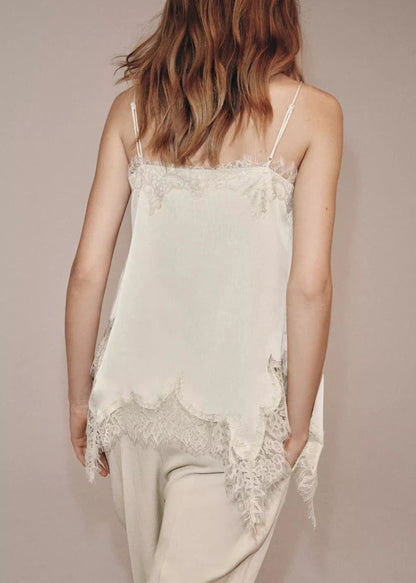 New Beige Lace Asymmetrical Patchwork Silk Tops Sleeveless