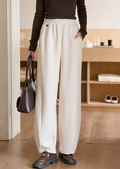 New Beige Pockets Elastic Waist Woolen Pants Winter
