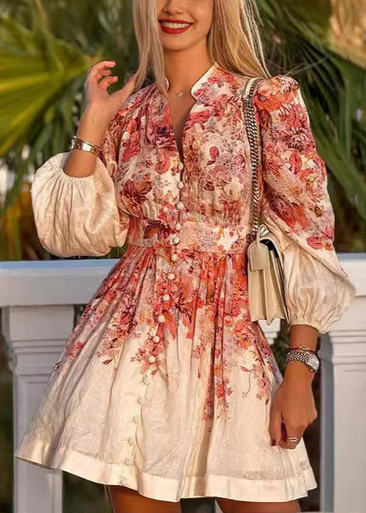 Neu Beige Print Button Baumwolle Shirts Kleid Langarm