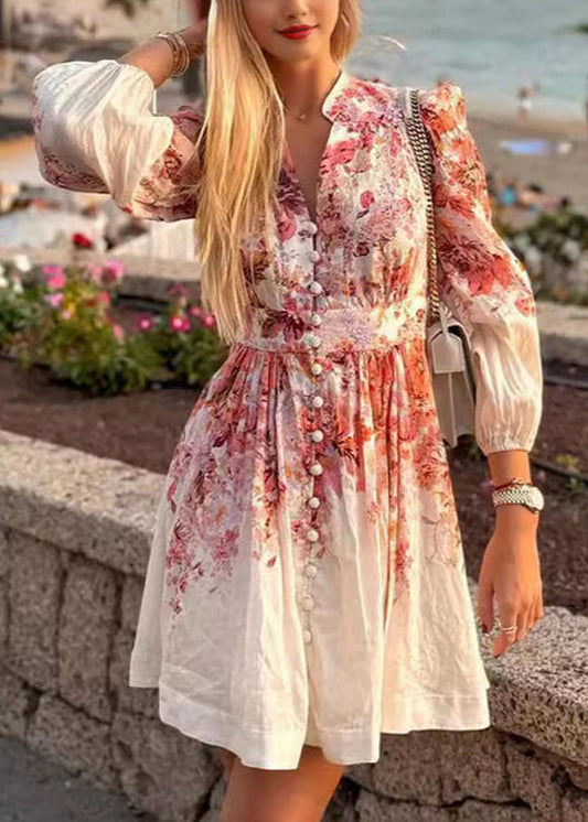 Neu Beige Print Button Baumwolle Shirts Kleid Langarm