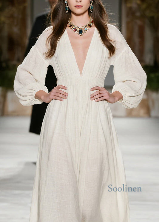 Nuevo vestido beige de algodón con cuello en V y patchwork arrugado para primavera