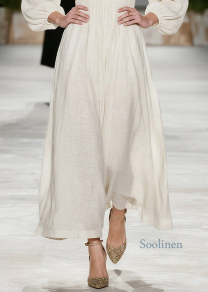 Nuevo vestido beige de algodón con cuello en V y patchwork arrugado para primavera