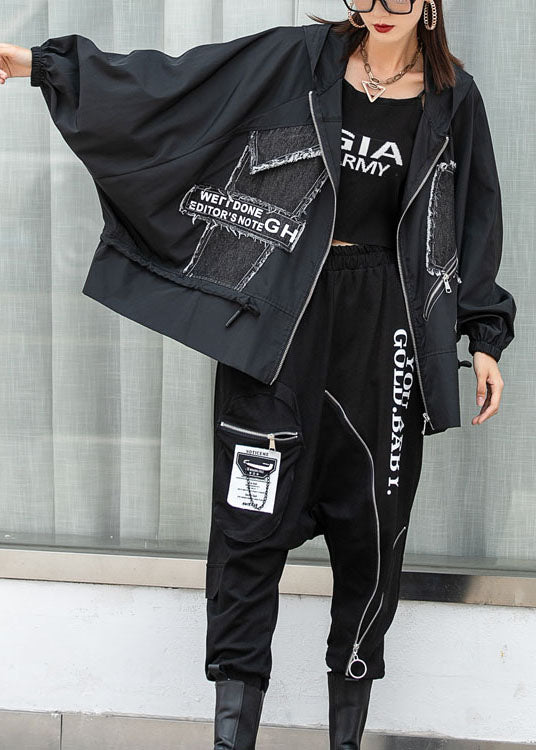 New Black Bat Wing Sleeve Zippered Patchwork Print Fall Coat