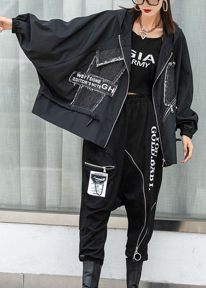 New Black Bat Wing Sleeve Zippered Patchwork Print Fall Coat