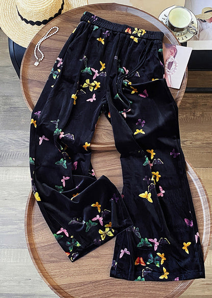 Nuevos pantalones rectos de terciopelo de seda con cintura elástica y mariposa negra para primavera
