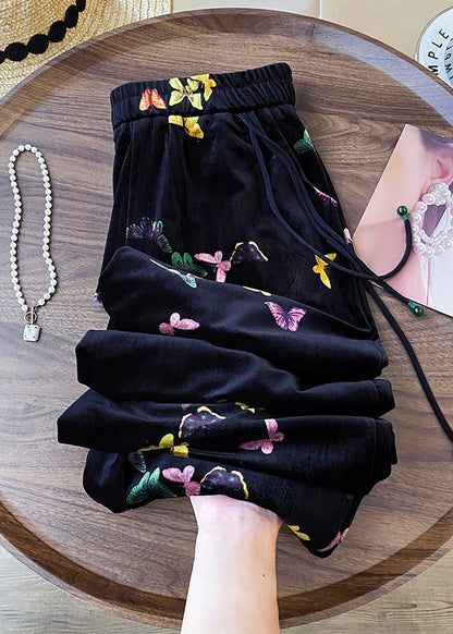 Nuevos pantalones rectos de terciopelo de seda con cintura elástica y mariposa negra para primavera