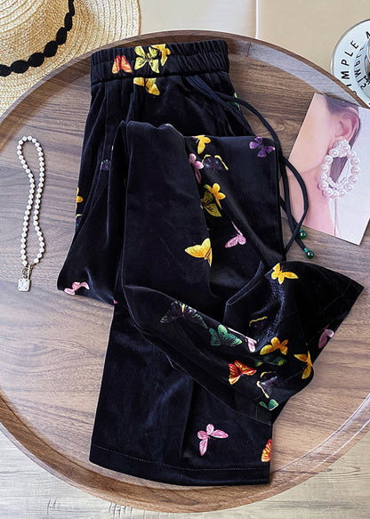 Nuevos pantalones rectos de terciopelo de seda con cintura elástica y mariposa negra para primavera