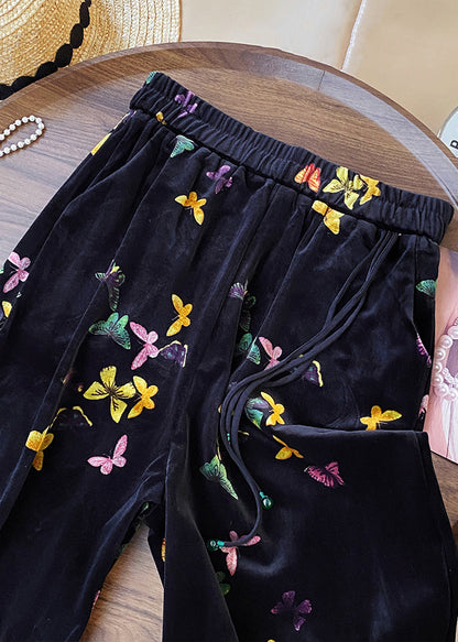 Nuevos pantalones rectos de terciopelo de seda con cintura elástica y mariposa negra para primavera