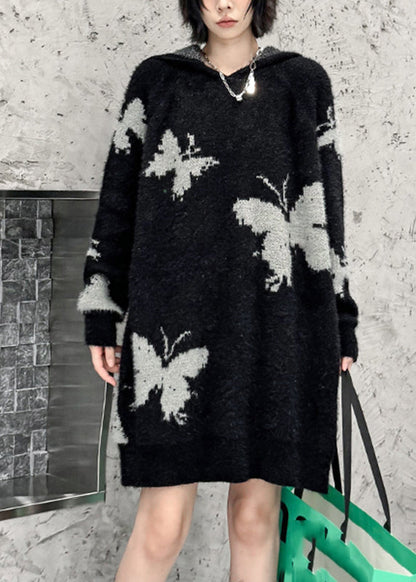 New Black Butterfly Print Hooded Cotton Knit Sweater Dress Fall