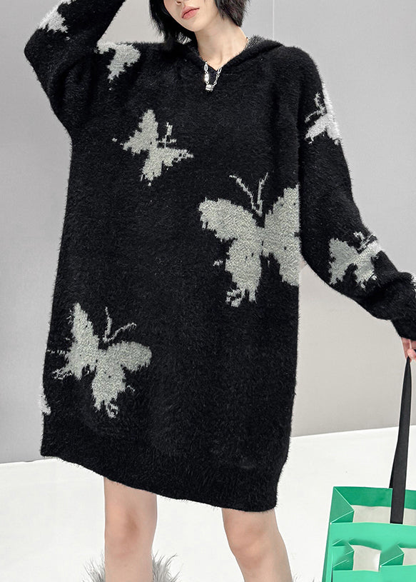 New Black Butterfly Print Hooded Cotton Knit Sweater Dress Fall