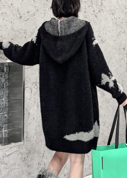 New Black Butterfly Print Hooded Cotton Knit Sweater Dress Fall