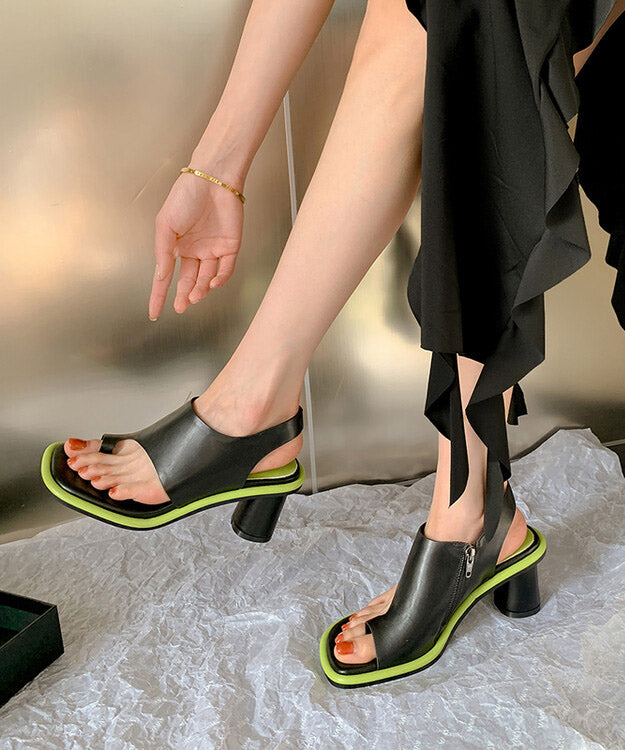 New Black Chunky Heel Cowhide Leather Toe Covering Sandals