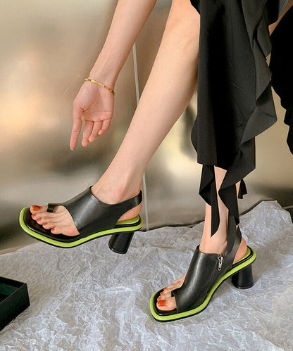New Black Chunky Heel Cowhide Leather Toe Covering Sandals