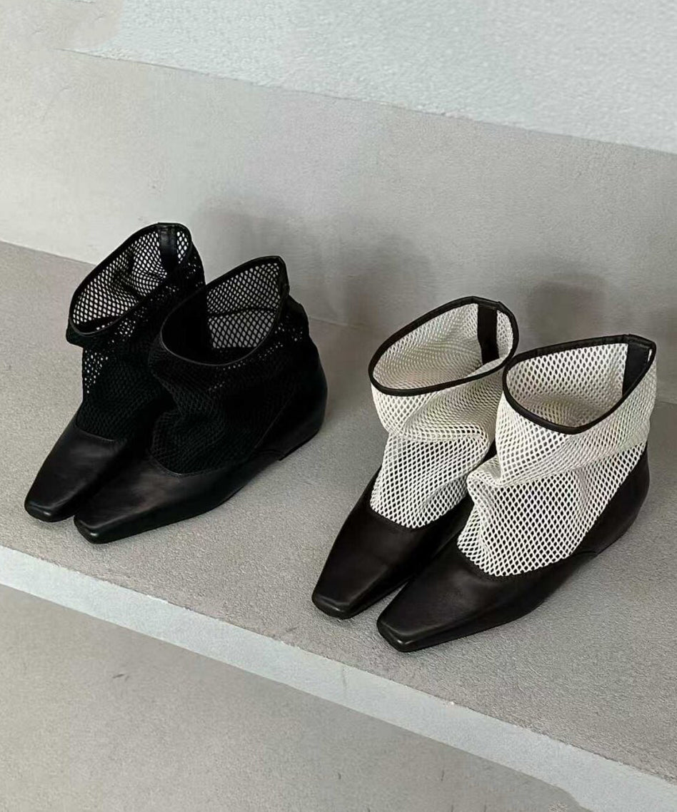 New Black Cowhide Cool Boots Square Toe Splicing Breathable Mesh Fabric