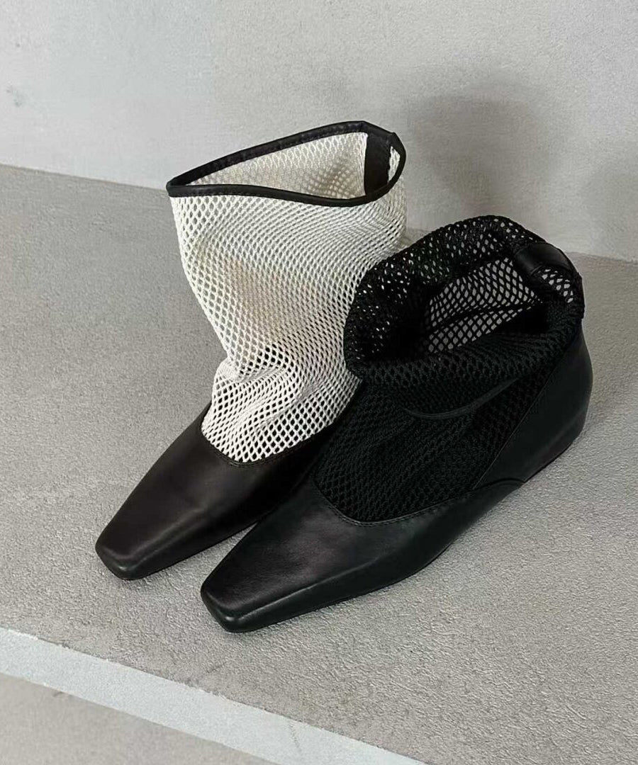 New Black Cowhide Cool Boots Square Toe Splicing Breathable Mesh Fabric
