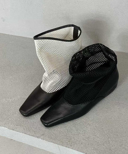 New Black Cowhide Cool Boots Square Toe Splicing Breathable Mesh Fabric