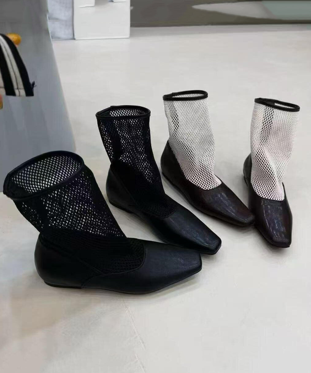 New Black Cowhide Cool Boots Square Toe Splicing Breathable Mesh Fabric